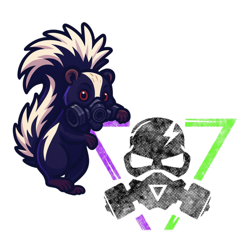 SKUNK leaning on Degensafe logo